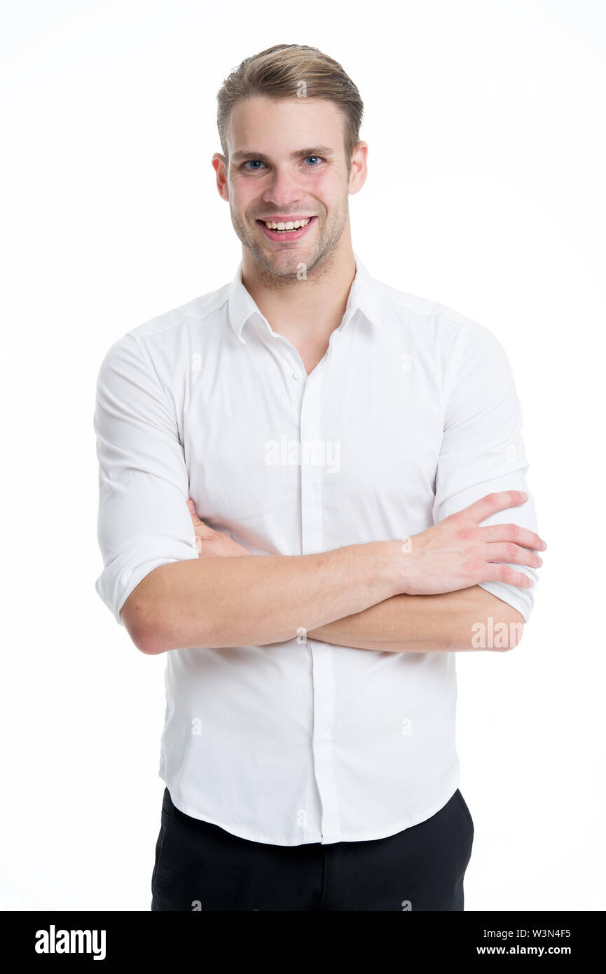 White collar worker. Man well groomed formal elegant shirt white  background. Menswear formal style. Guy handsome office worker. Working  formal dress code. Clerical and middle chain management Stock Photo - Alamy