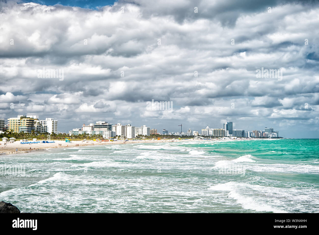 Miami South Beach Skyline With Skyscrapers On Cloudy Day