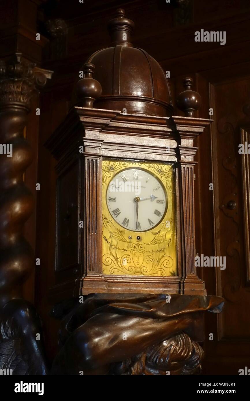 Clock, John Smith & Sons, Derby - Oak Room, Chatsworth House - Derbyshire, England - Stock Photo