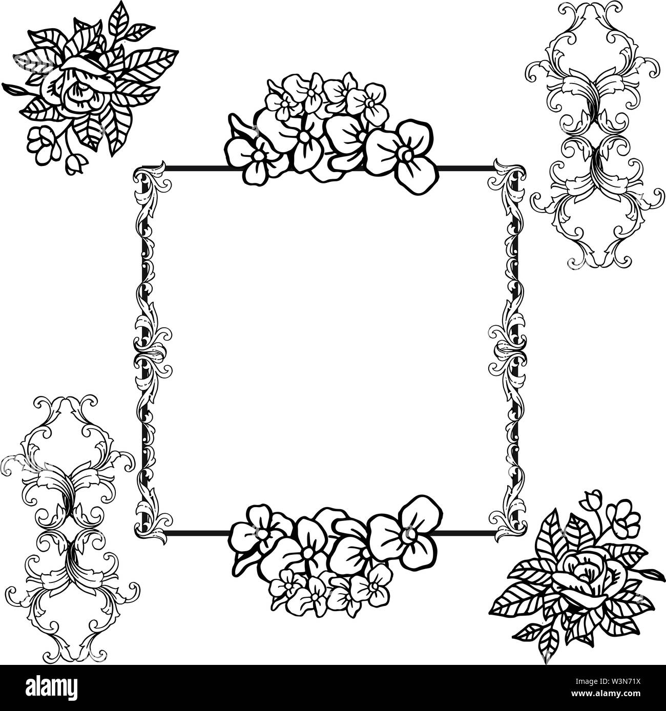 Card design for flower frame black and white. Vector illustration Stock ...