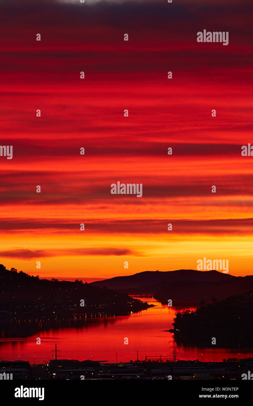 Sunrise, Otago Harbour, Dunedin, South Island, New Zealand Stock Photo