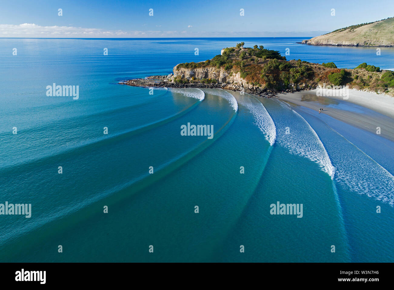 Mapoutahi, Historic Maori Pa Site, Goat Island, Purakanui Bay, north of Dunedin, South Island, New Zealand - drone aerial Stock Photo