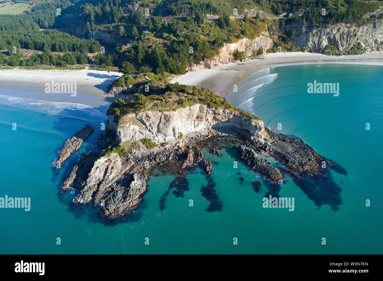 Mapoutahi, Historic Maori Pa Site, Goat Island, Purakanui Bay, north of Dunedin, South Island, New Zealand - drone aerial Stock Photo