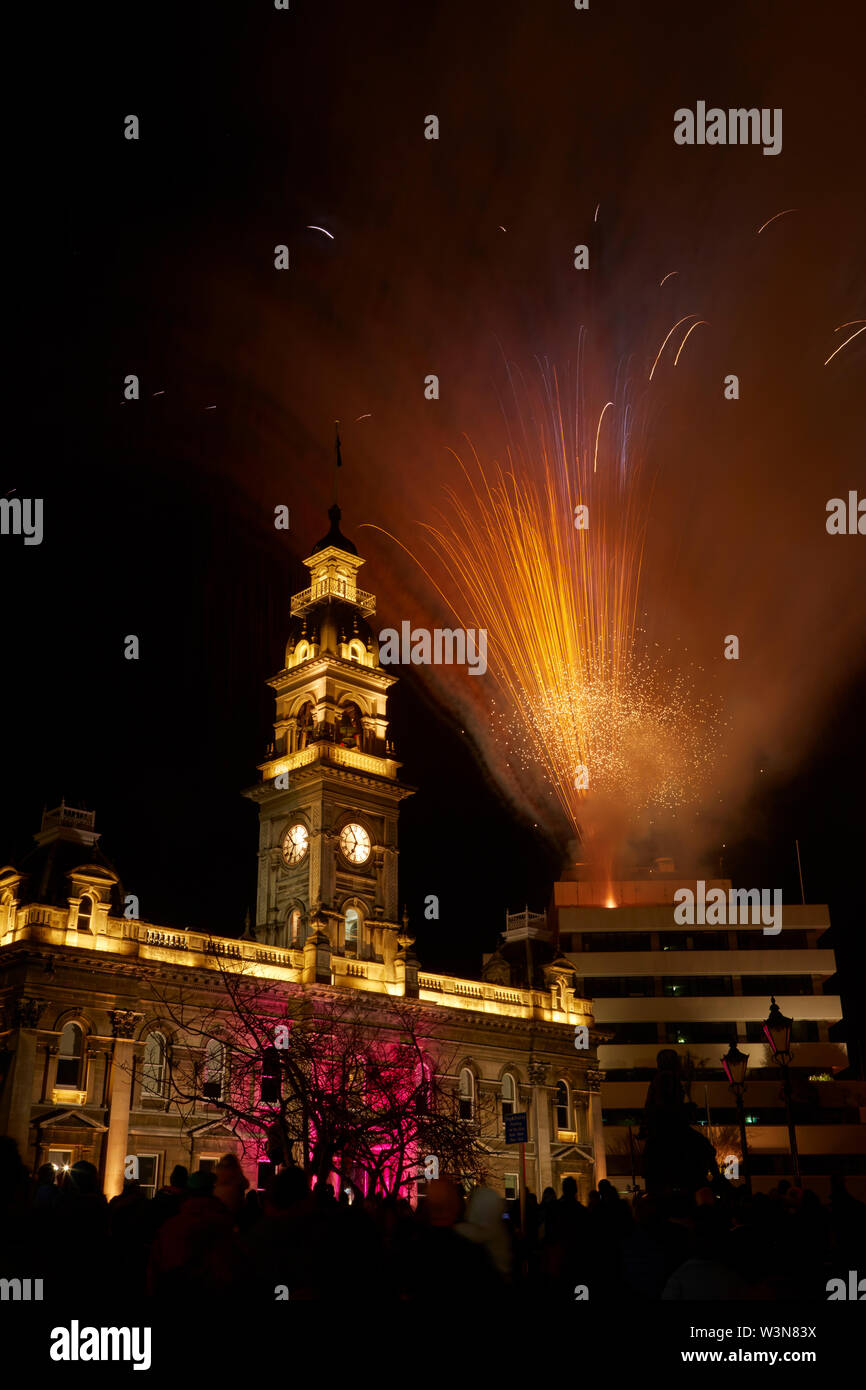 Fireworks and Municipal Chambers, Mid-Winter Carnival, The Octagon, Dunedin, South Island, New Zealand Stock Photo