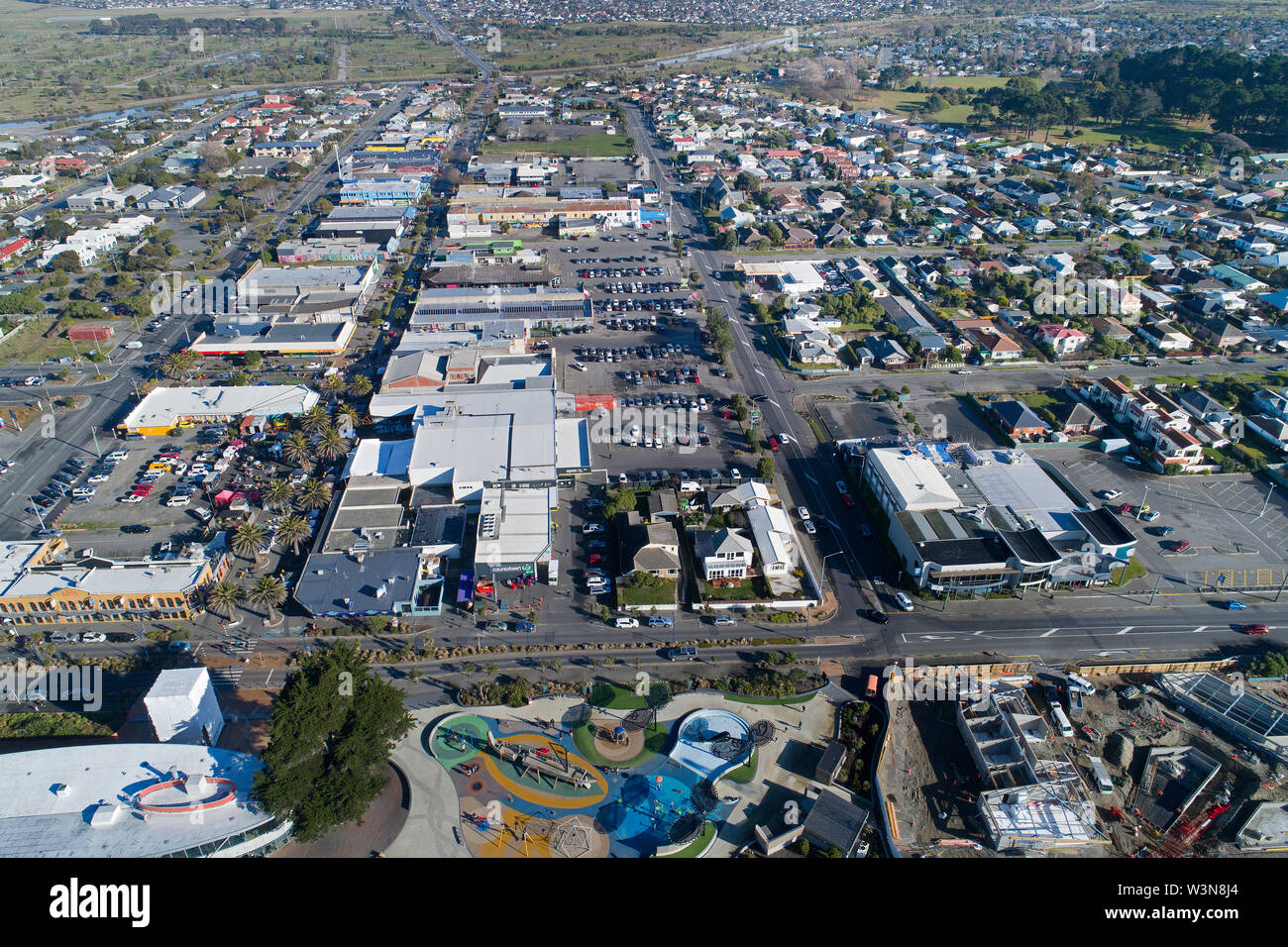 New Brighton, Christchurch, South Island, New Zealand - drone aerial Stock Photo