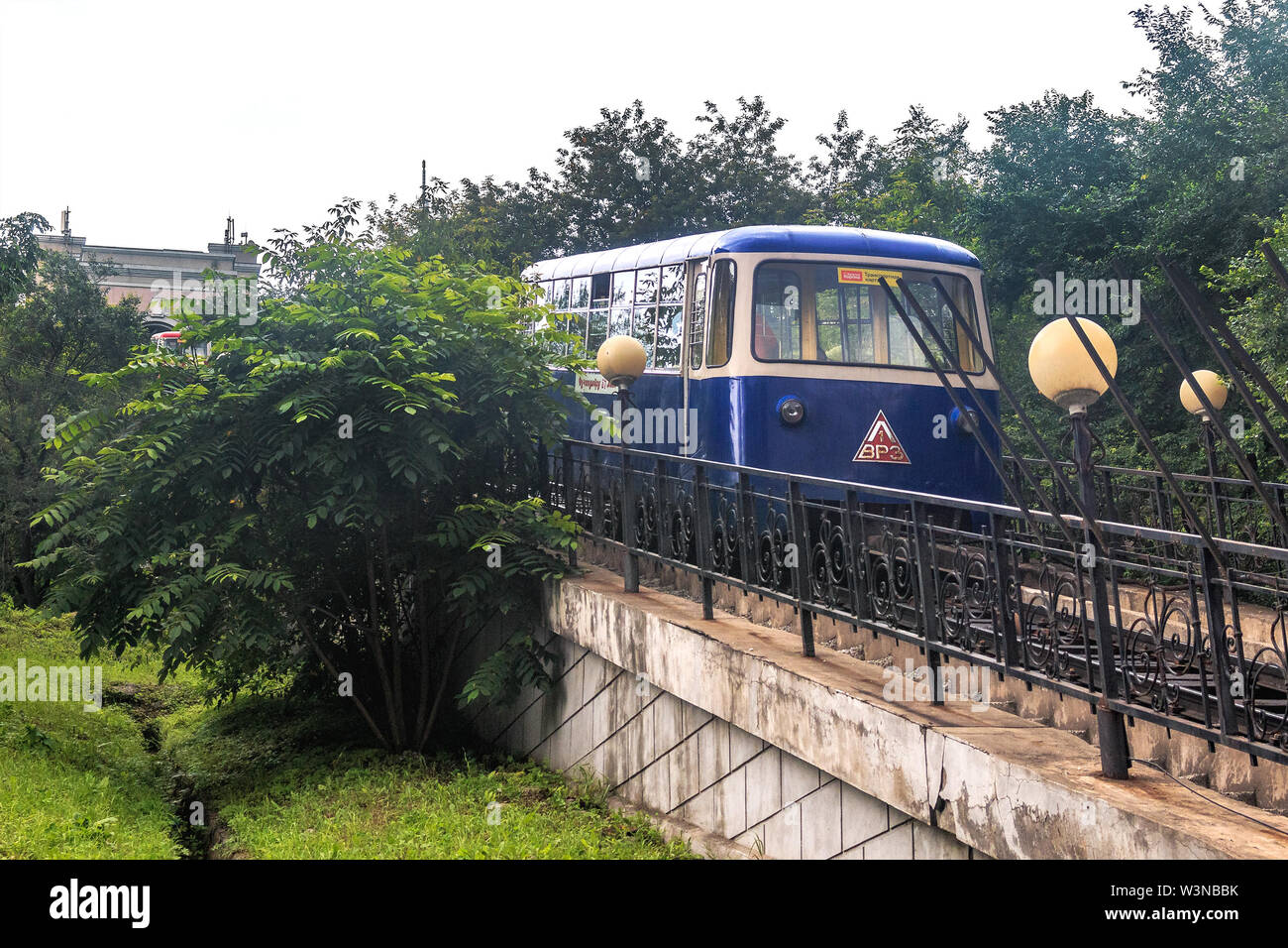 VLADIVOSTOK, RUSSIA - JULY 13, 2019: The Blue Car of the Funicular goes down. The attraction of the capital of the Russian Far East's Vladivostok city Stock Photo