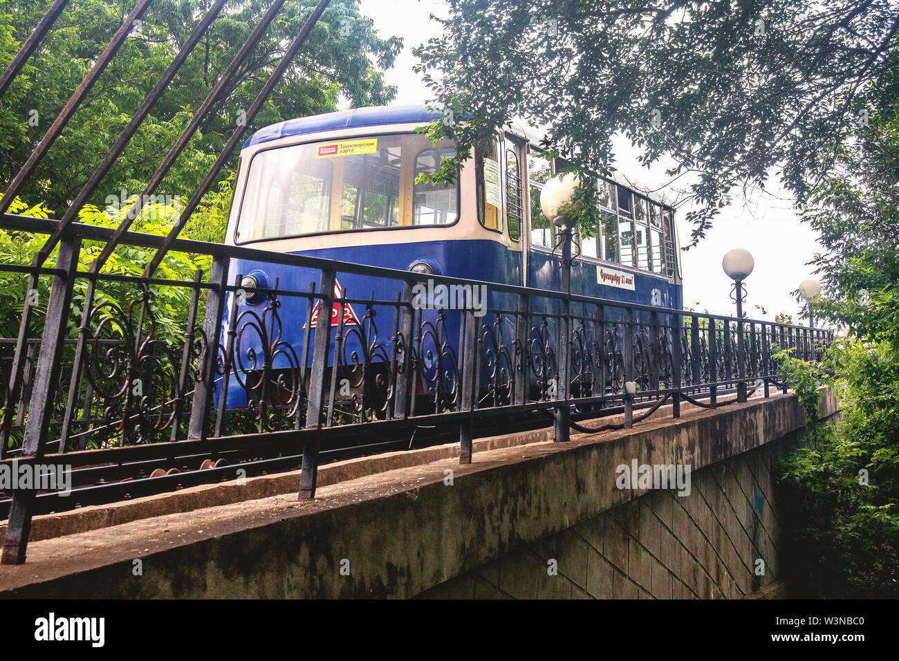 VLADIVOSTOK, RUSSIA - JULY 13, 2019: The Blue Car of the Funicular rises. The landmark of the capital of the Russian Far East Vladivostok. Stock Photo