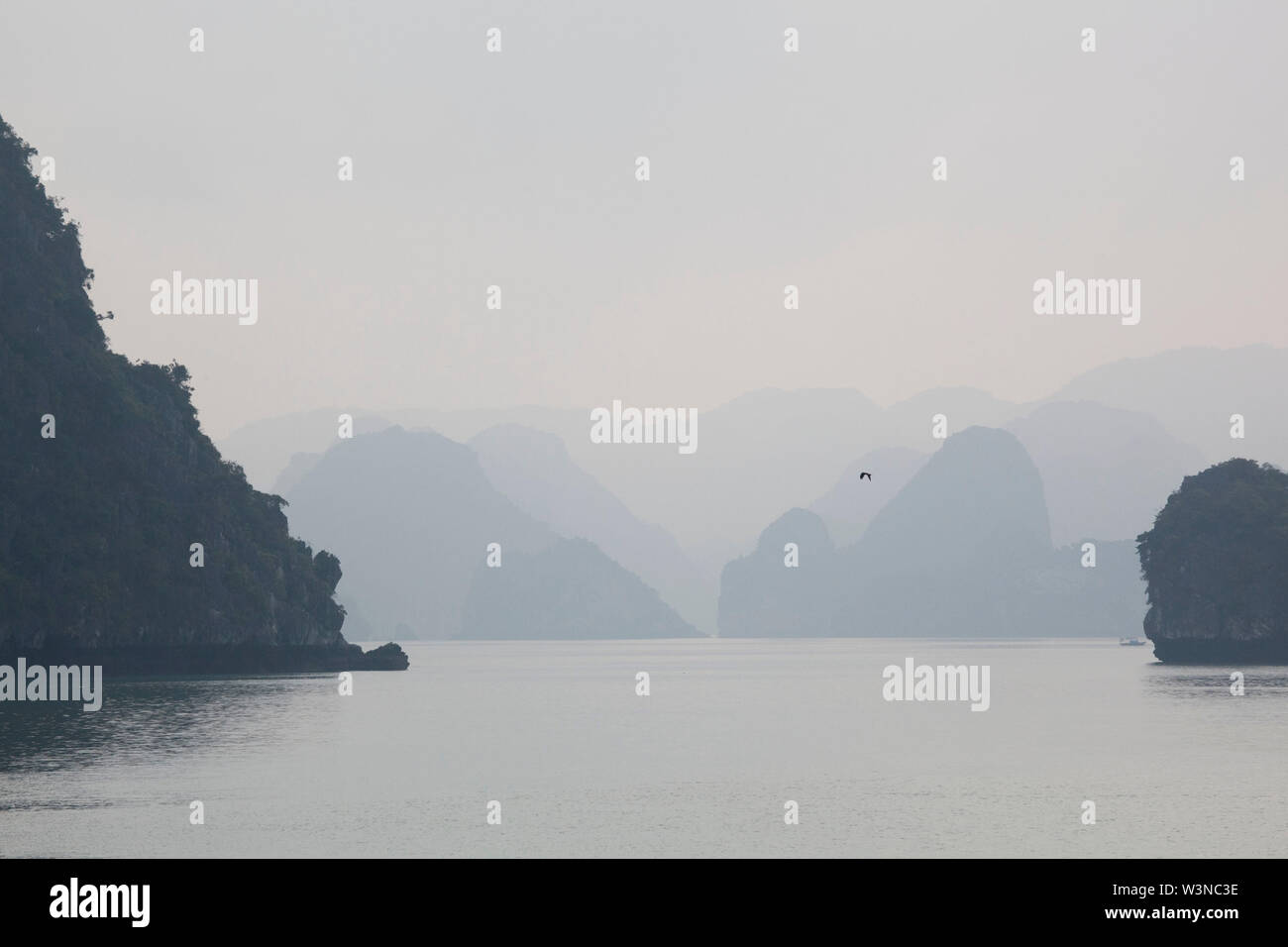 Ha Long Bay in Vietnam  is a UNESCO World Heritage Site and a part of Quang Ninh Province. Hạ Long means 'descending dragon'. The bay belongs to Ha Lo Stock Photo