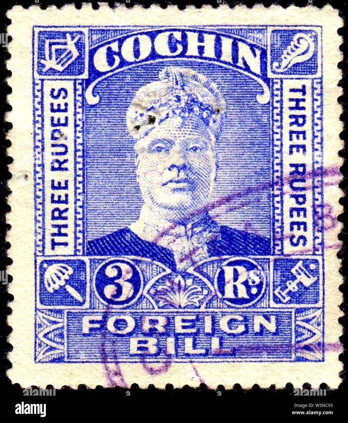 Cochin 3R foreign bill revenue stamp. Stock Photo