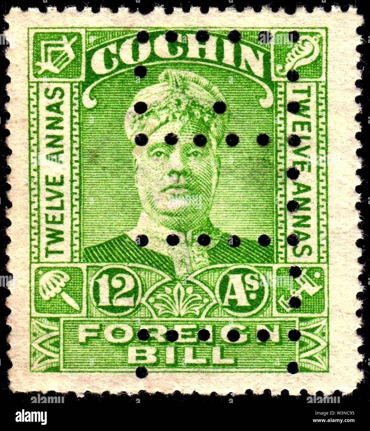 Cochin foreign bill revenue stamp. Stock Photo