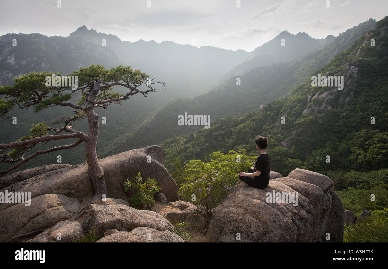 Hiker Finding Solitude in Gaya Mountain, Korea Stock Photo
