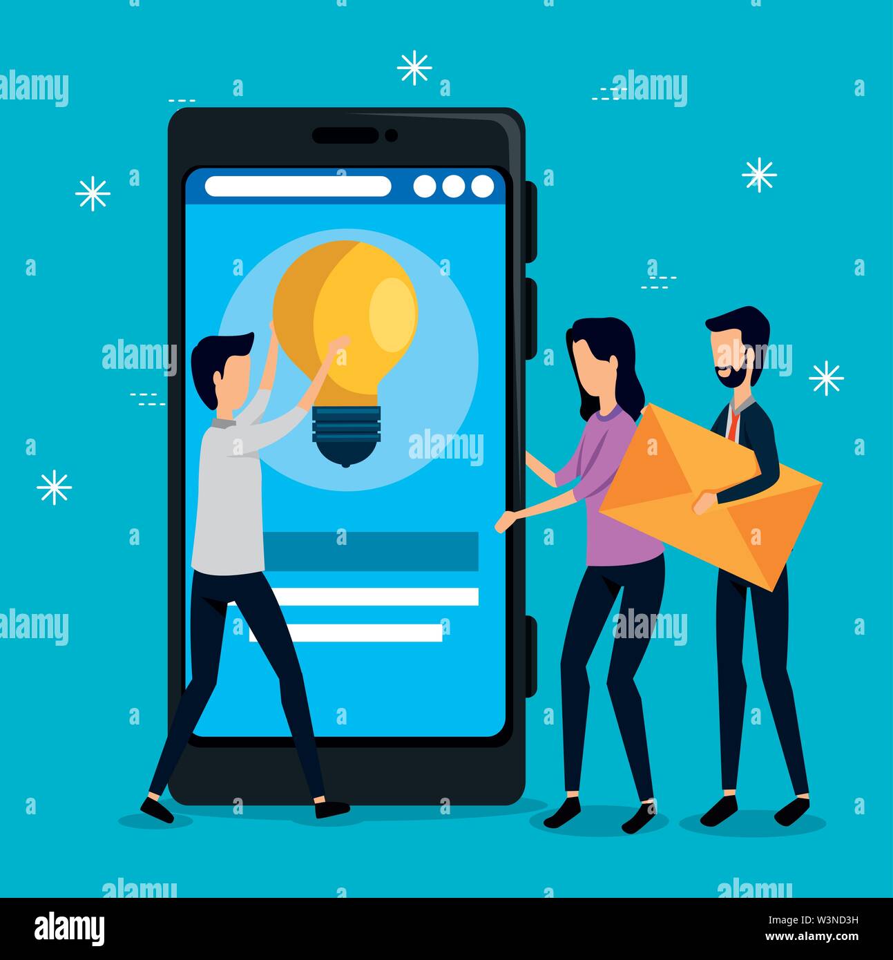 businessmen and businesswoman teamwork with letter and smartphone Stock Vector