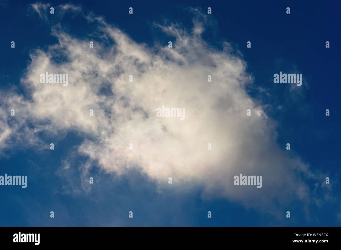 Sunlit white cloud against the background of dark blue sky. Fresh atmosphere, natural light Stock Photo
