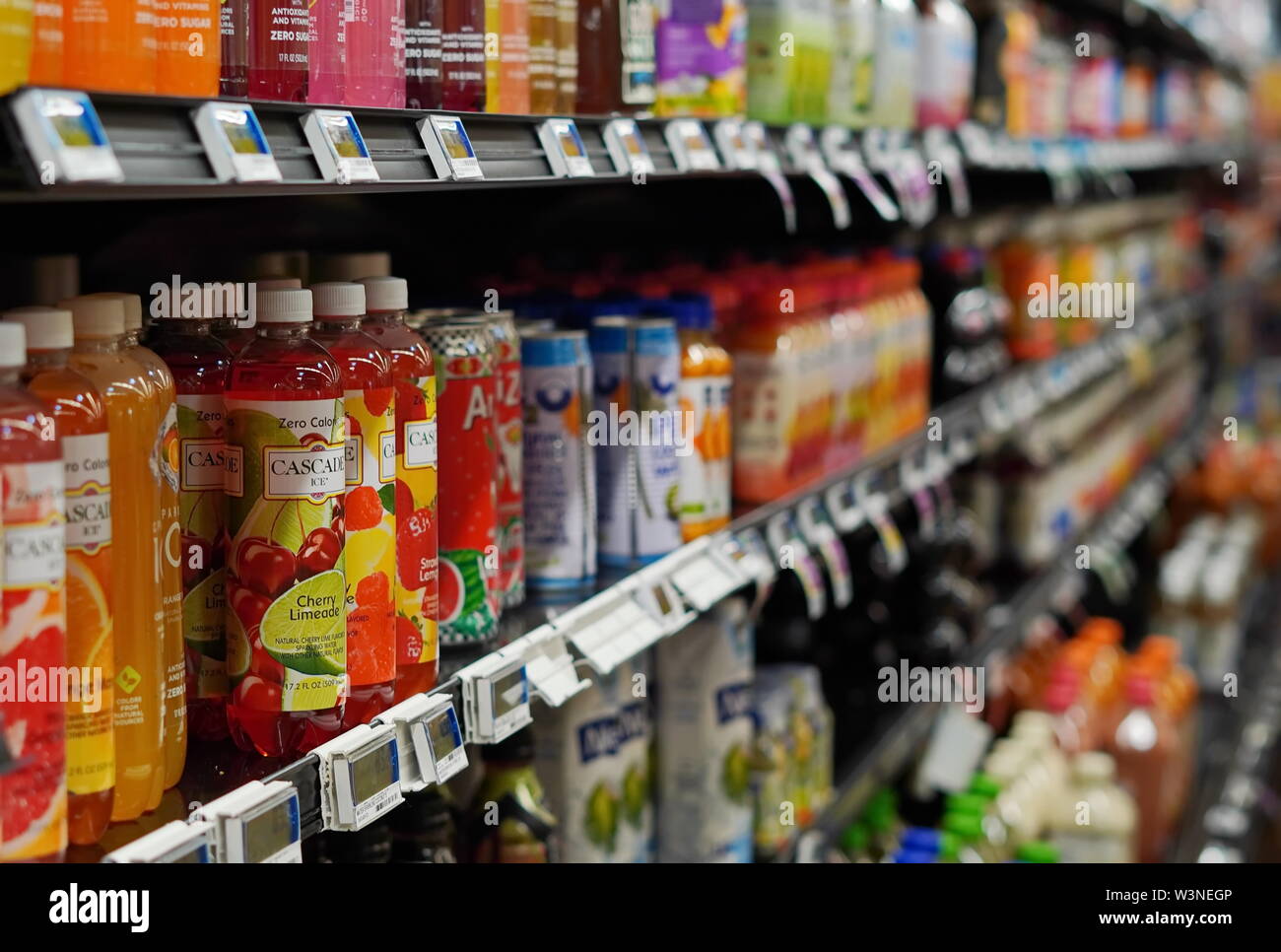 New London, CT / USA - June 2, 2019: Shelves full of health drinks at the supermarket Stock Photo