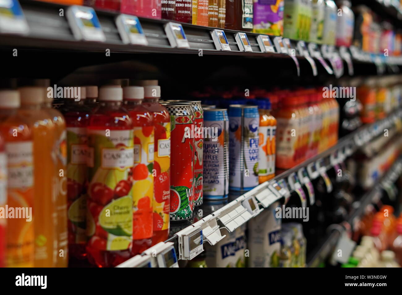 New London, CT / USA - June 2, 2019: Shelves full of health drinks at the supermarket Stock Photo