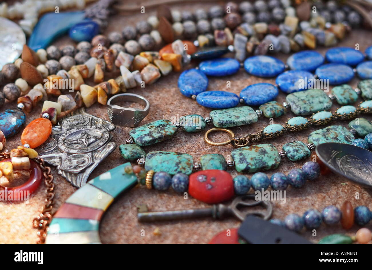 Durham, CT / USA - June 24, 2019: Vintage jewelry on sale at a flea market Stock Photo