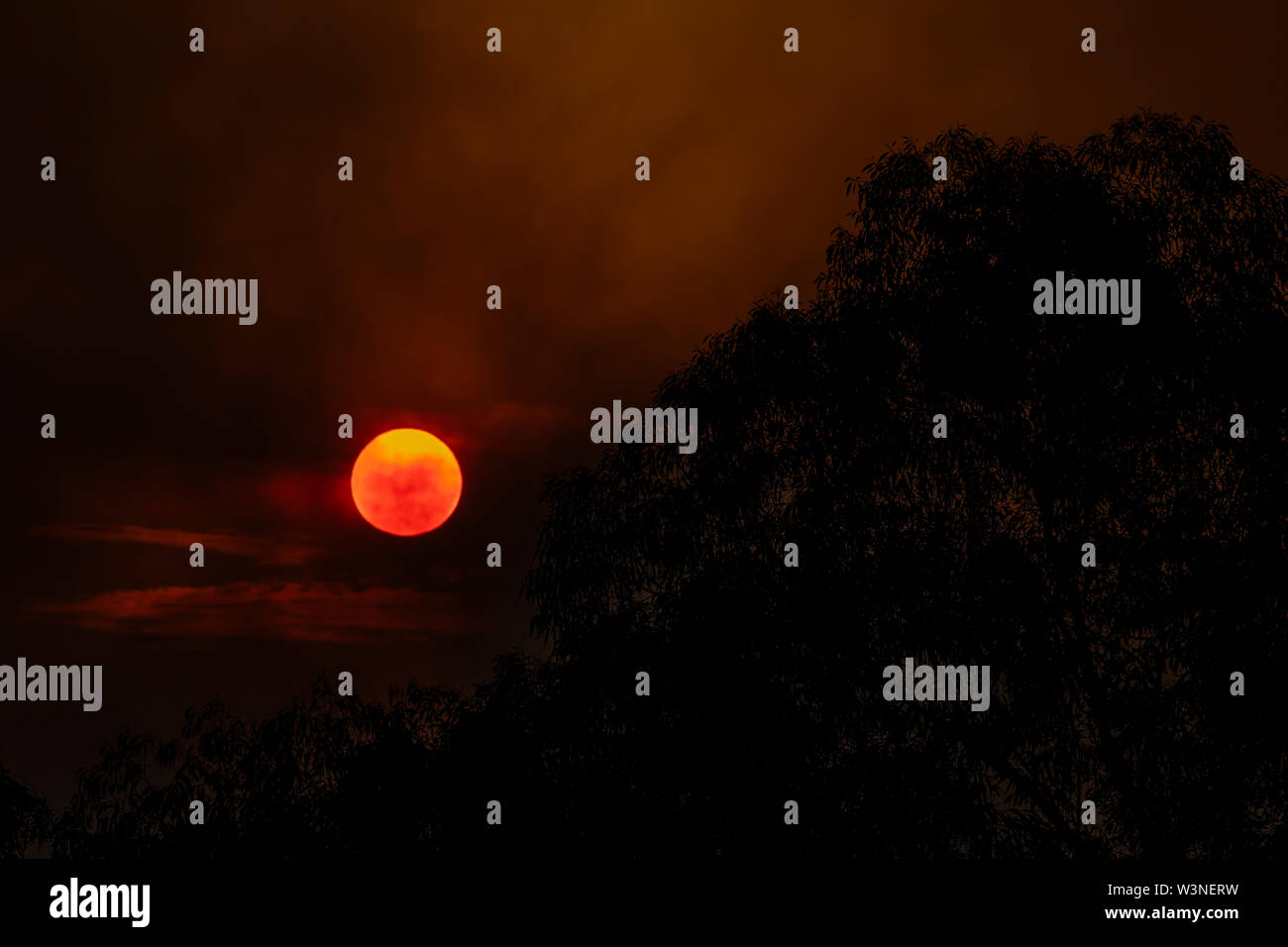 The sun shrouded in the smoke of a large bush fire in The Blue ...
