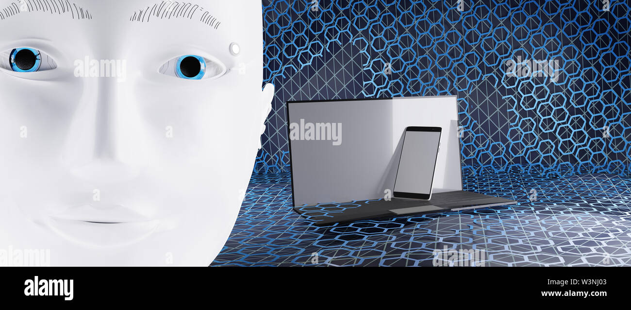 robot white head face with computer and mobile phone A.I. 3d ...