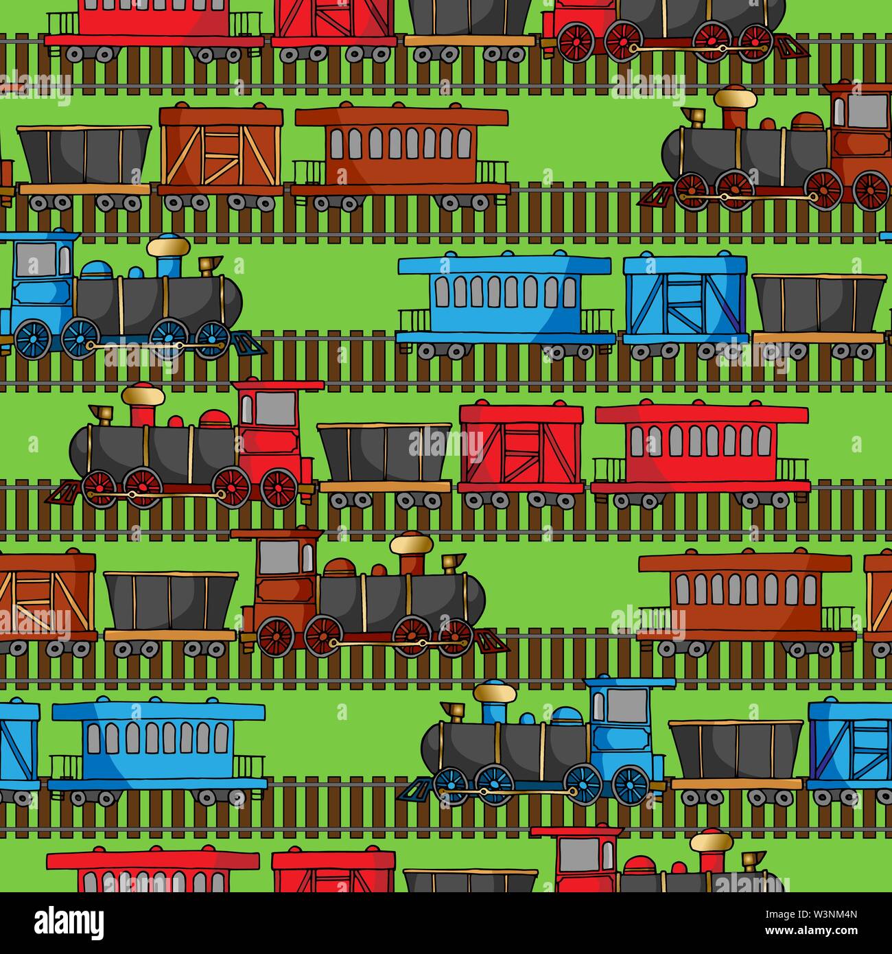 Seamless pattern with colored trains and railroad paths Stock Vector