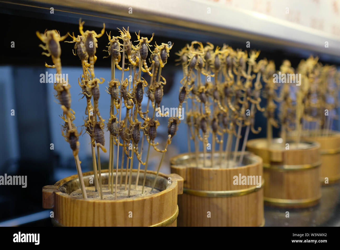 Close up of a bunch of live scorpions skew in China Stock Photo