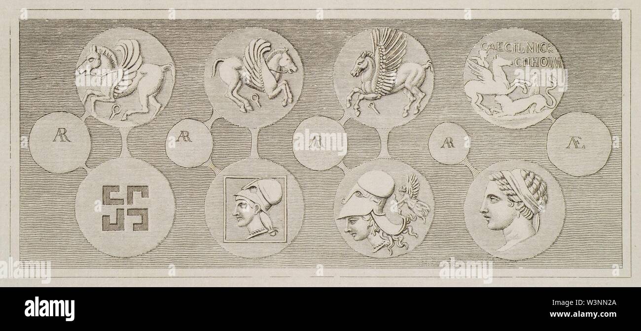 Coins of ancient Corinth showing Pegasus, Athena, Persephone, and Bellerophon killing Chimaera - Stuart James & Revett Nicholas - 1794. Stock Photo
