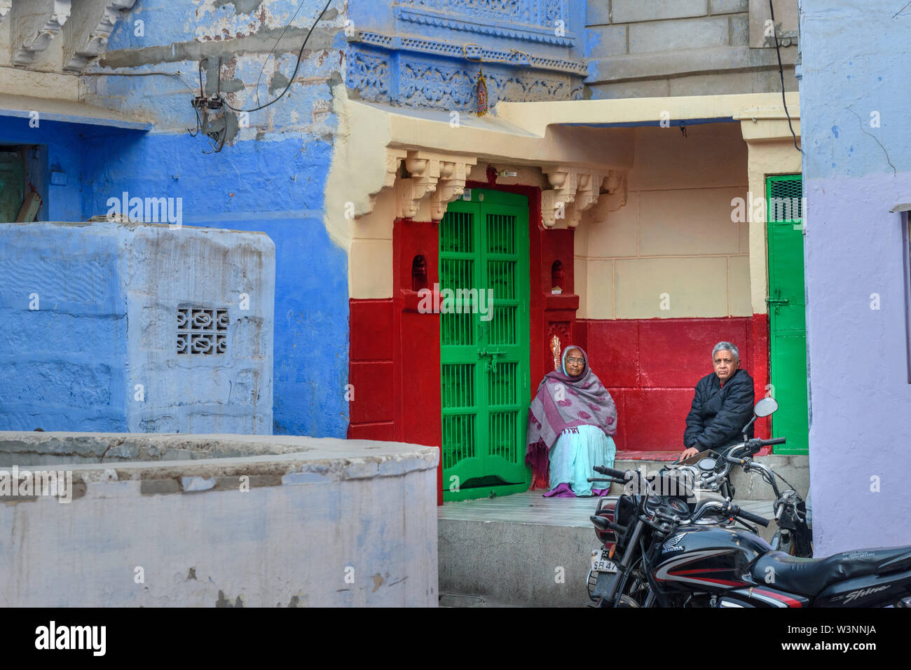 Jodhpur, India - February 09, 2019: Senior womanand man on street of Blue City of Jodhpur Stock Photo