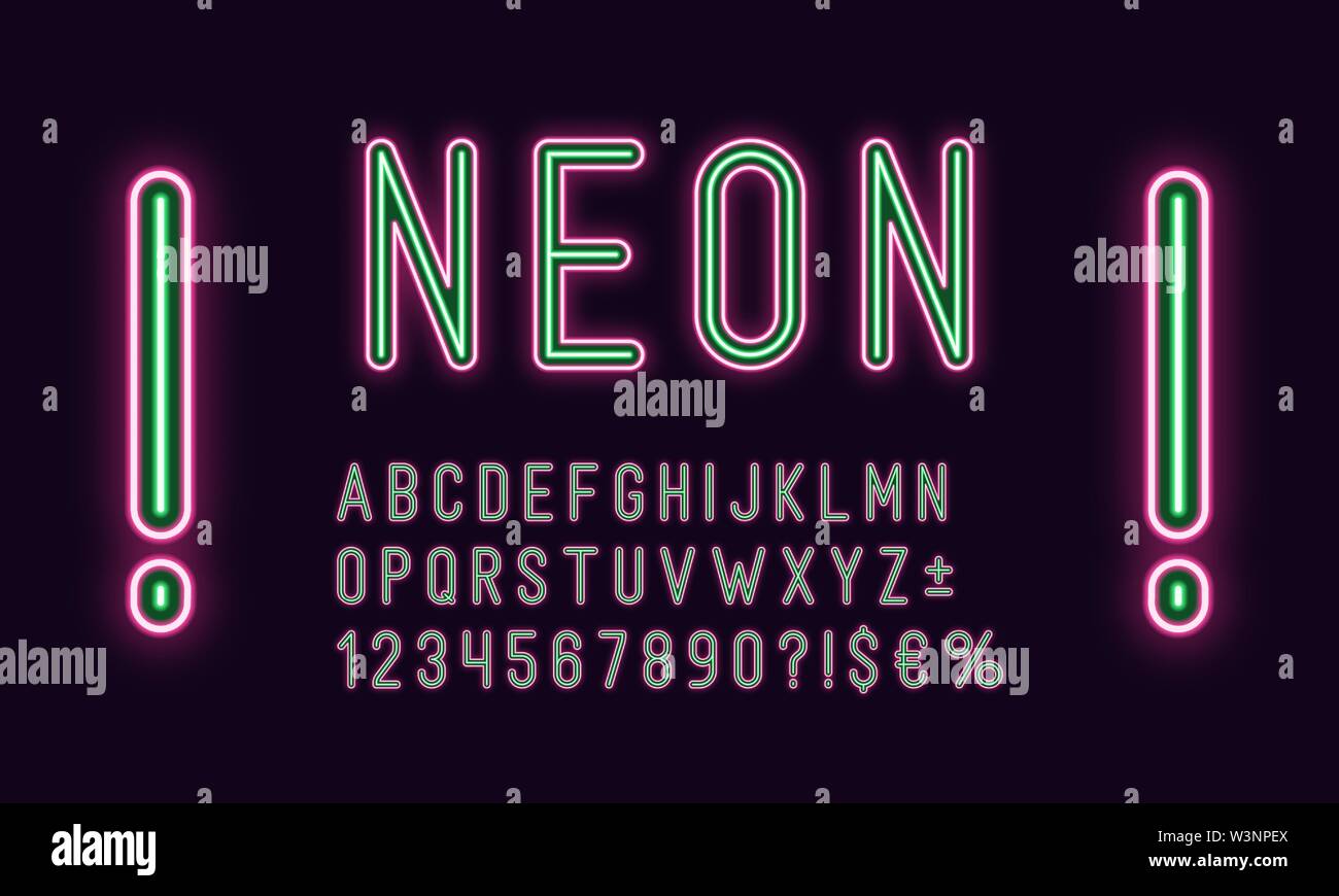 Neon rounded alphabet, Pink Green color. Neon outlined Font, set of duotone glowing letters, numbers, currency and different signs, symbols. Vector ty Stock Vector