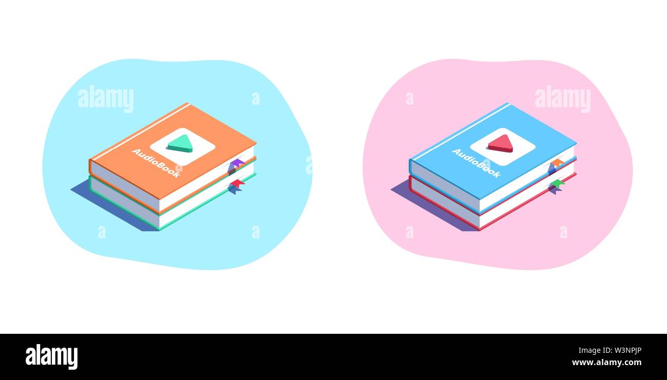 Audiobook with Play button, Isometry. Set of audio books in isometric style. Virtual library, online sound literature. Vector illustration for landing Stock Vector