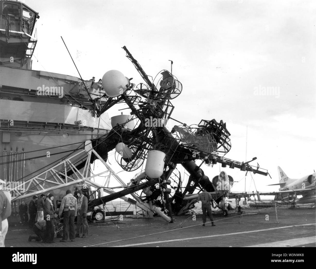 Collapsed mast aboard USS Essex (CVS-9) on 17 December 1963 (NNAM.1996.488.242.048). Stock Photo