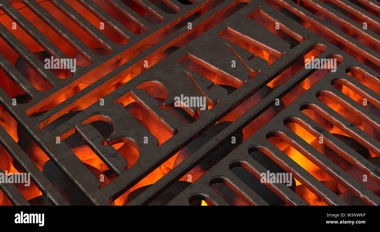 Burning hot coal in a barbecue stand covered by an iron grill with the word braai cut out of it - 3D render Stock Photo