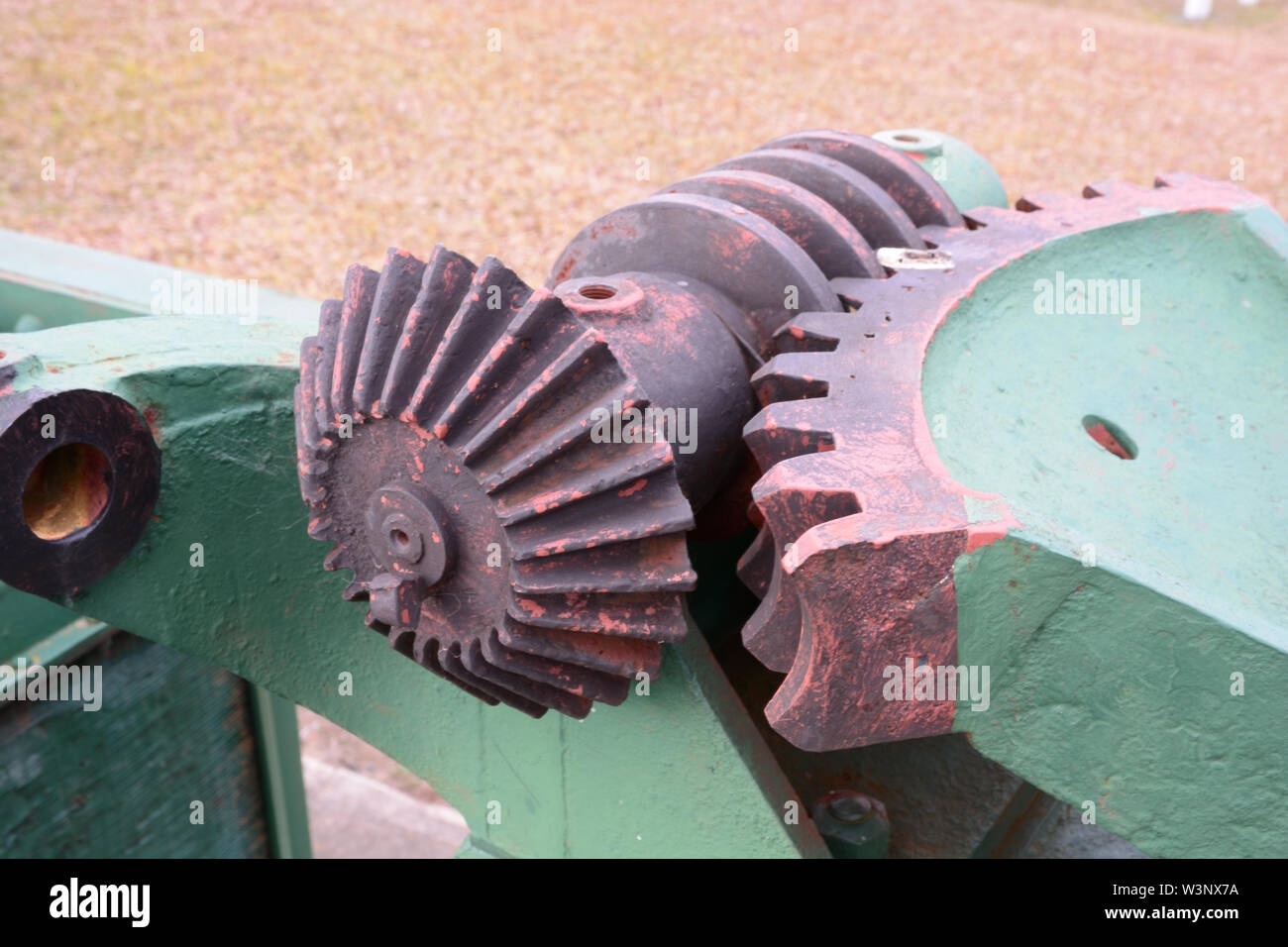 Closeup of the Worm and roller steering mechanism of a Vintage Road Roller built by Australian company Gibson Battle around a Fordson farm tractor. Stock Photo