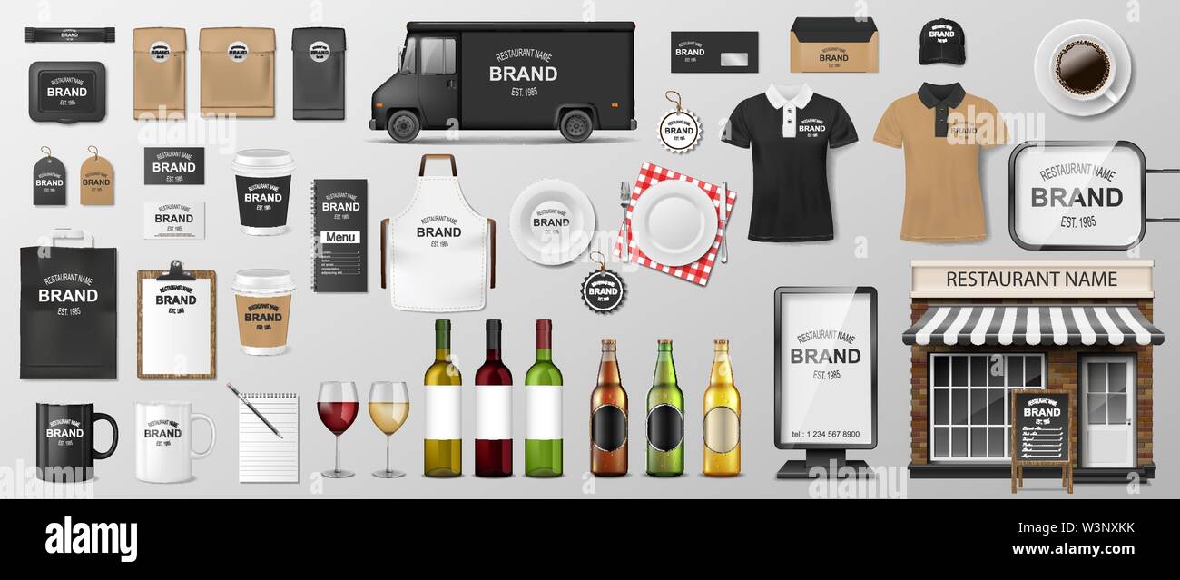 Download Restaurant Corporate Branding Identity Template Mockup Design For Coffee Cafe Fast Food Realistic Set Of Uniform Delivery Truck Food Cart Stock Vector Image Art Alamy