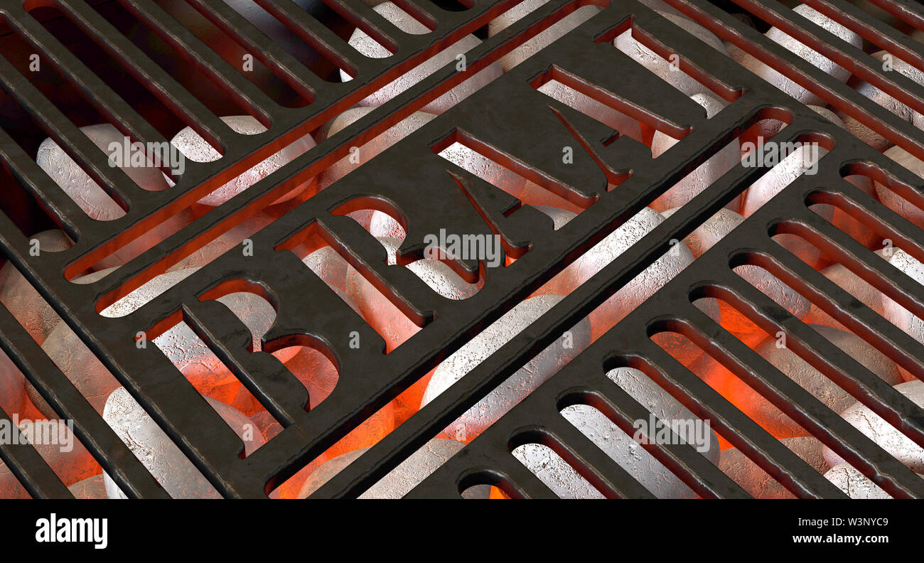 Burning hot coal and white ash in a barbecue stand covered by an iron grill with the word braai cut out of it - 3D render Stock Photo
