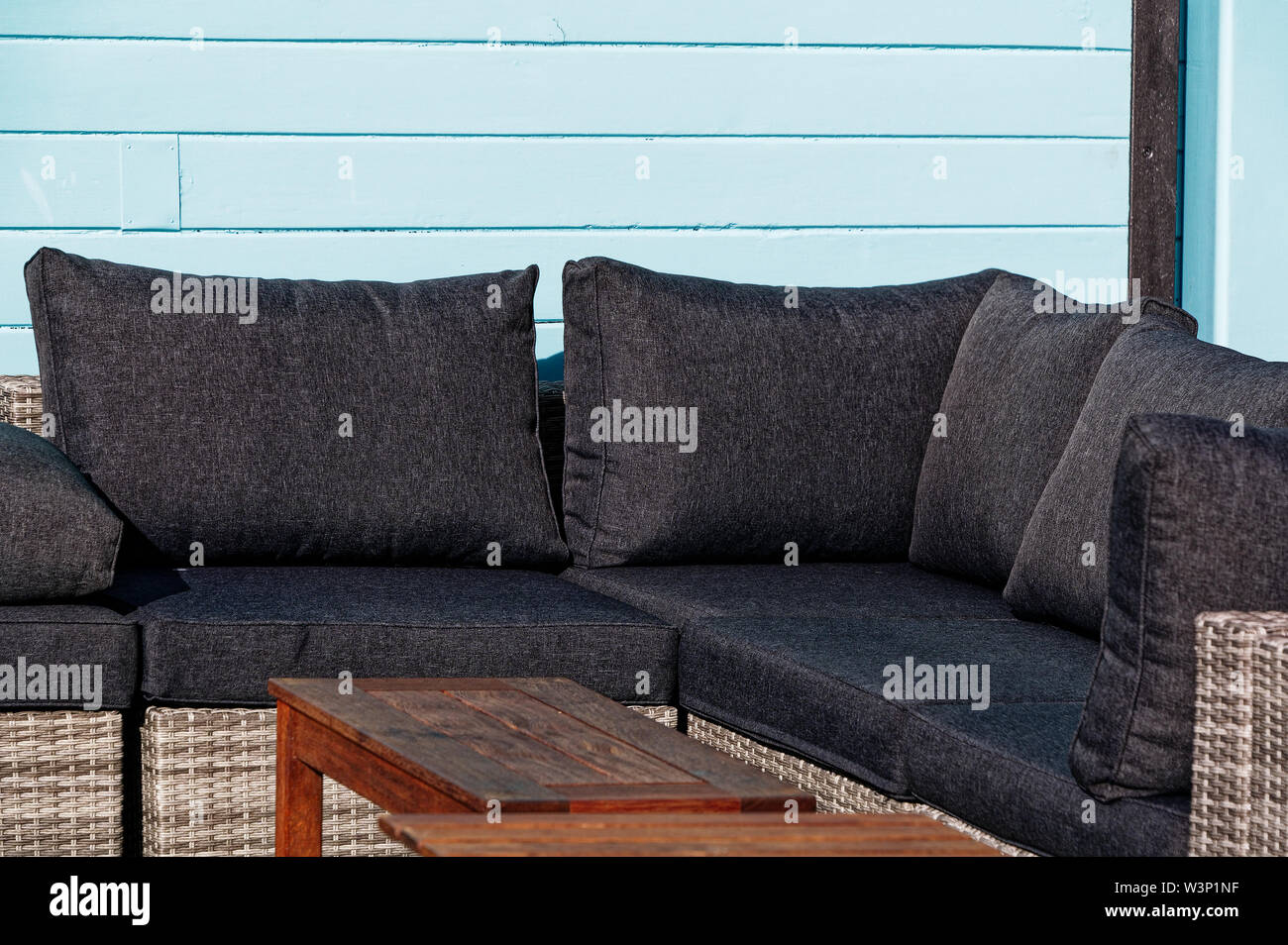 An outdoor sofa with comfortable cushions Stock Photo Alamy