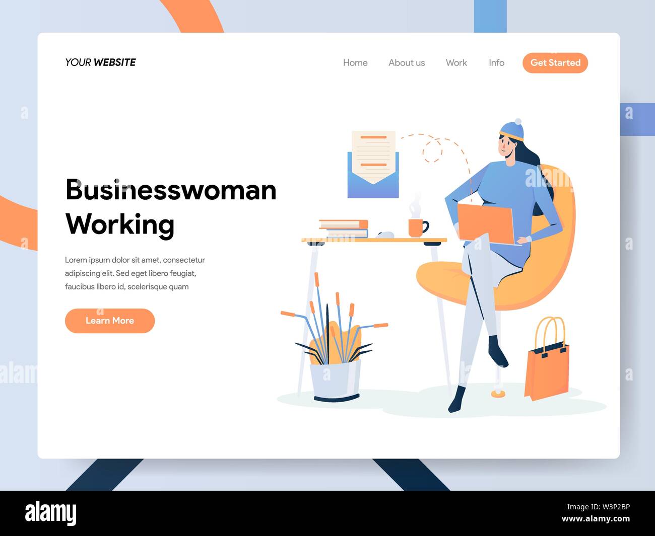 Businesswoman Working on Desk Illustration Concept. Modern flat design concept of web page design for website and mobile website.Vector illustration E Stock Vector