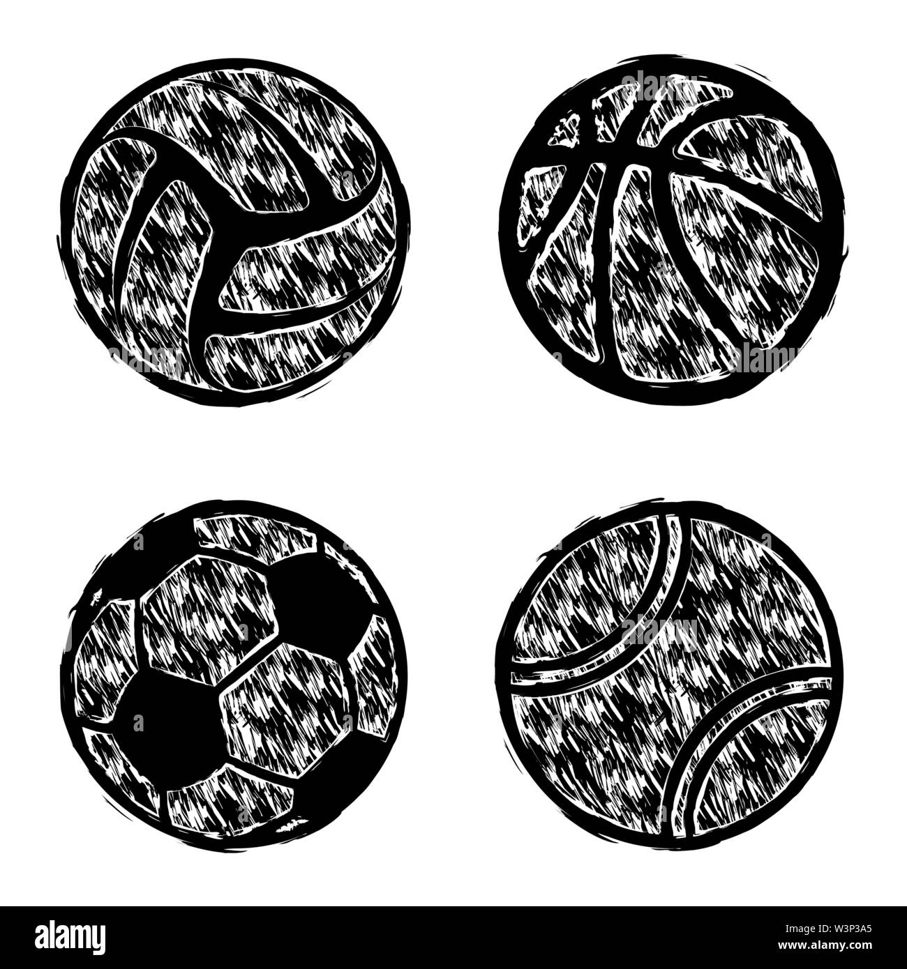 Black grunge sport ball silhouettes isolated on white background Stock Vector