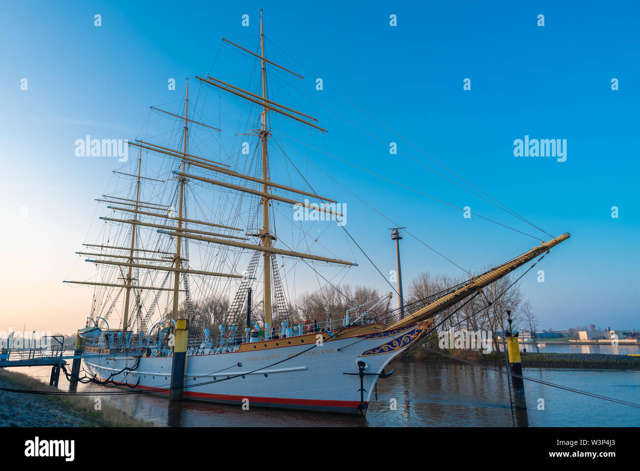Bremen-Vegesack, Bremen, Germany - March 29, 2019 Sail school ship Germany is anchored in Vegesack. In 1927 commissioned ship with its 86 meters. Stock Photo