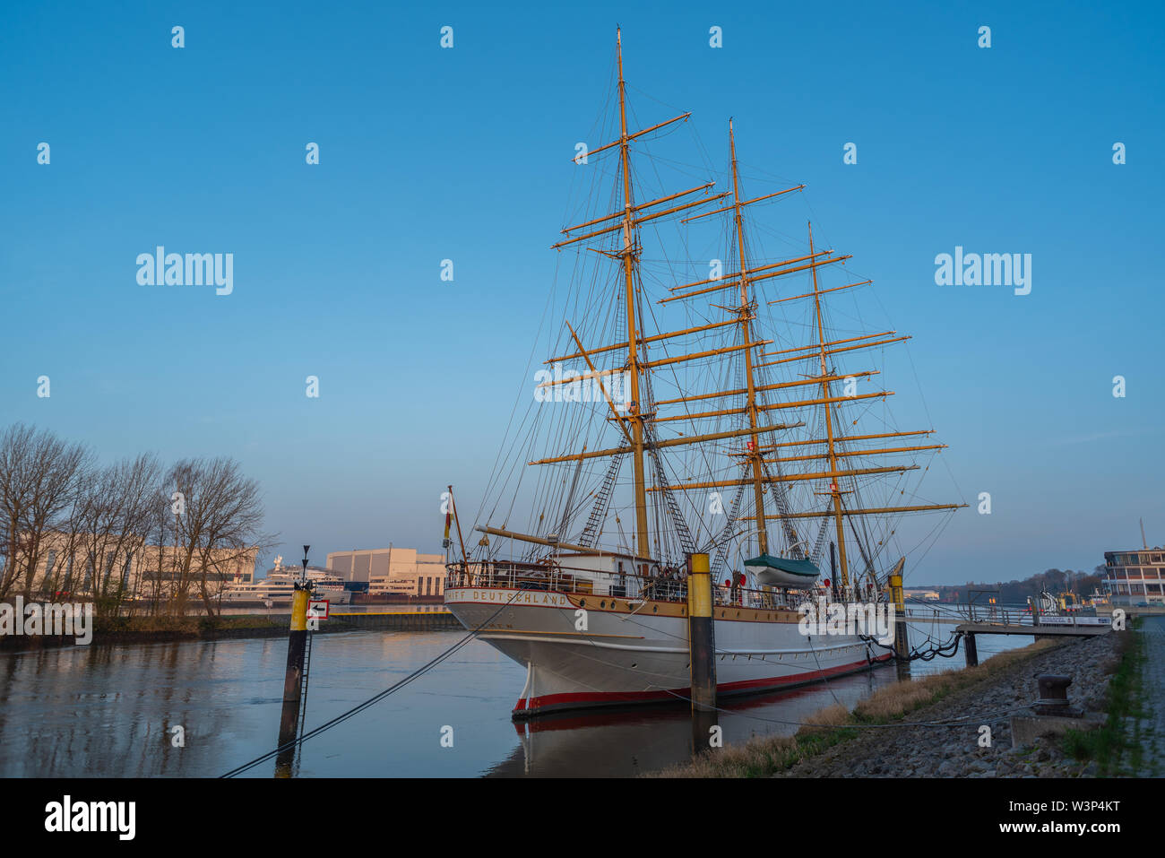 Bremen-Vegesack, Bremen, Germany - March 29, 2019 Sail school ship Germany is anchored in Vegesack. In 1927 commissioned ship with its 86 meters. Stock Photo