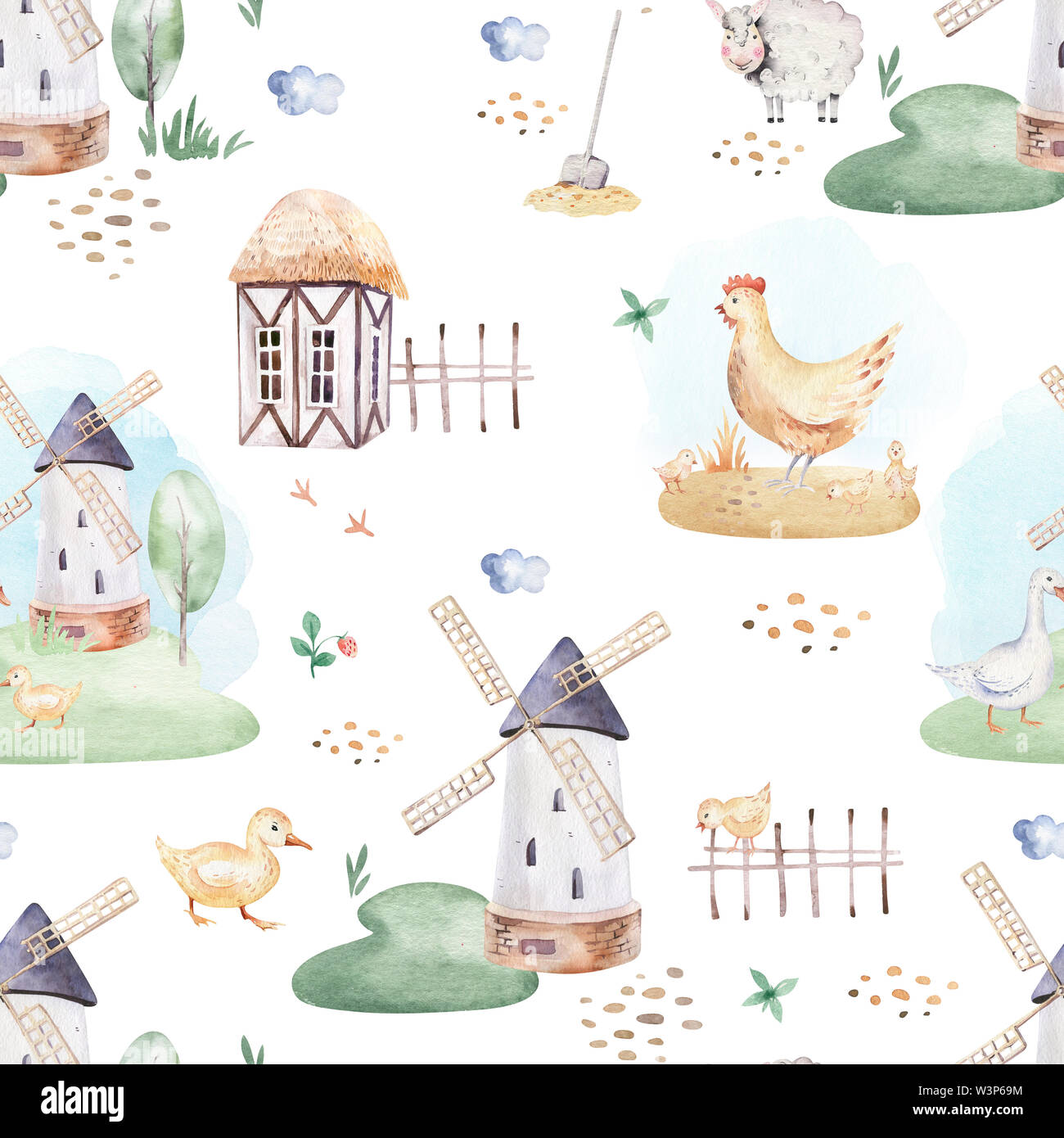 watercolor seamless pattern with cute farm animals with goat, horse ...