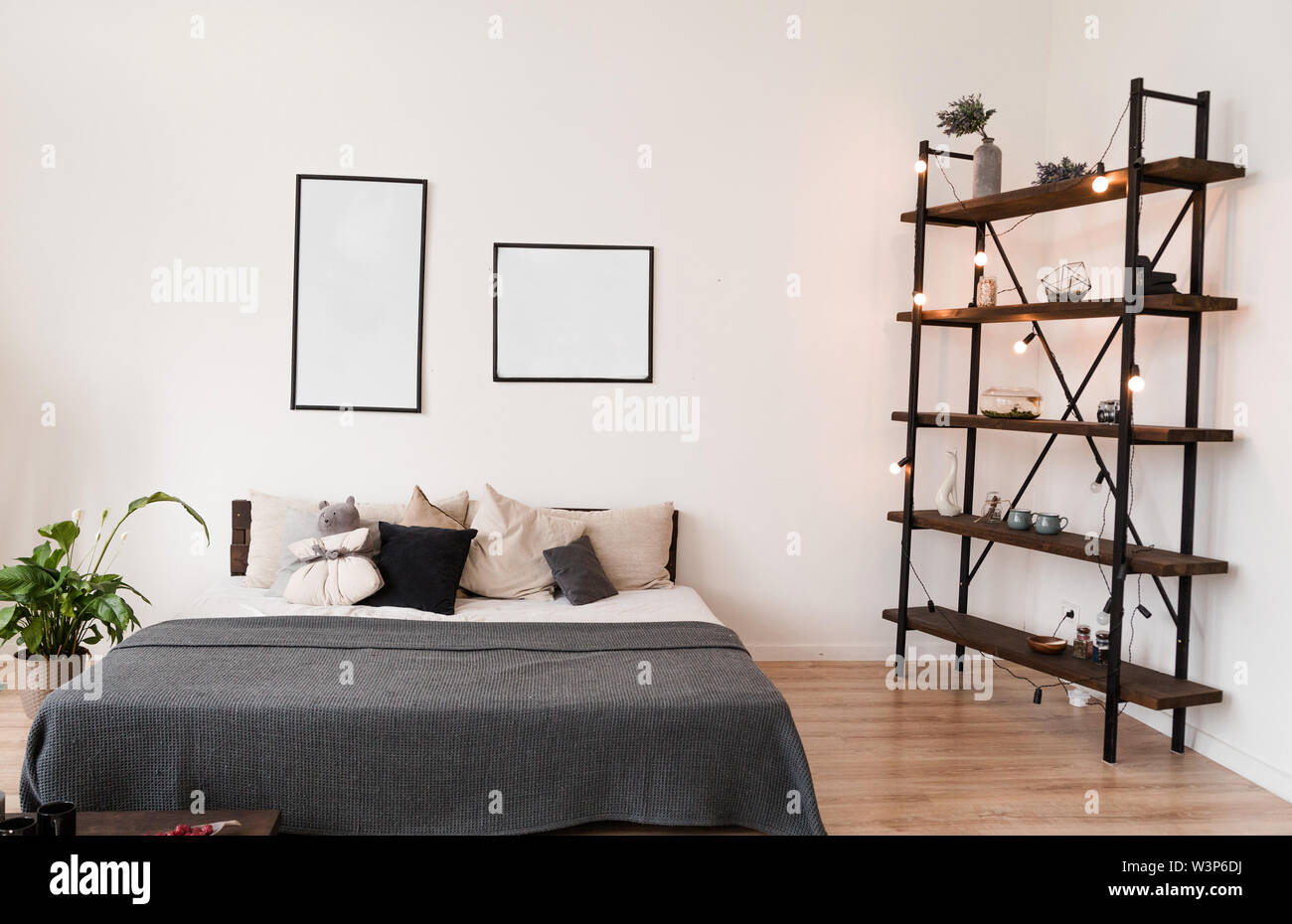 Scandinavian Style Bedroom With Double Bed Stock Photo Alamy