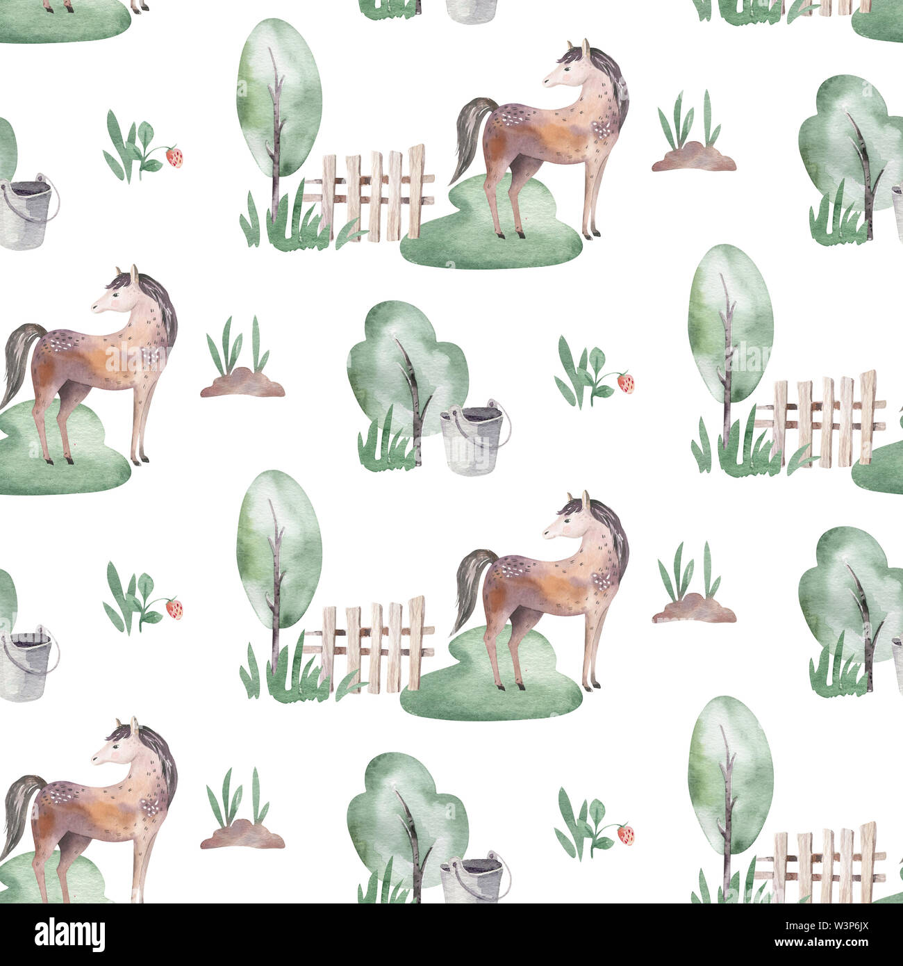 watercolor seamless pattern with cute farm animals with goat, horse ...