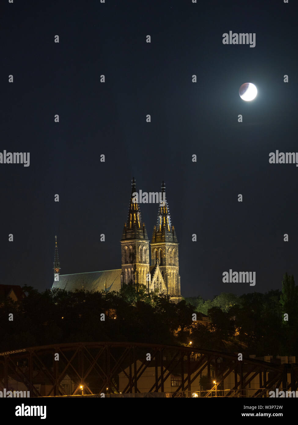 Partial eclipse of the Moon is seen from Prague, Czech Republic, on ...