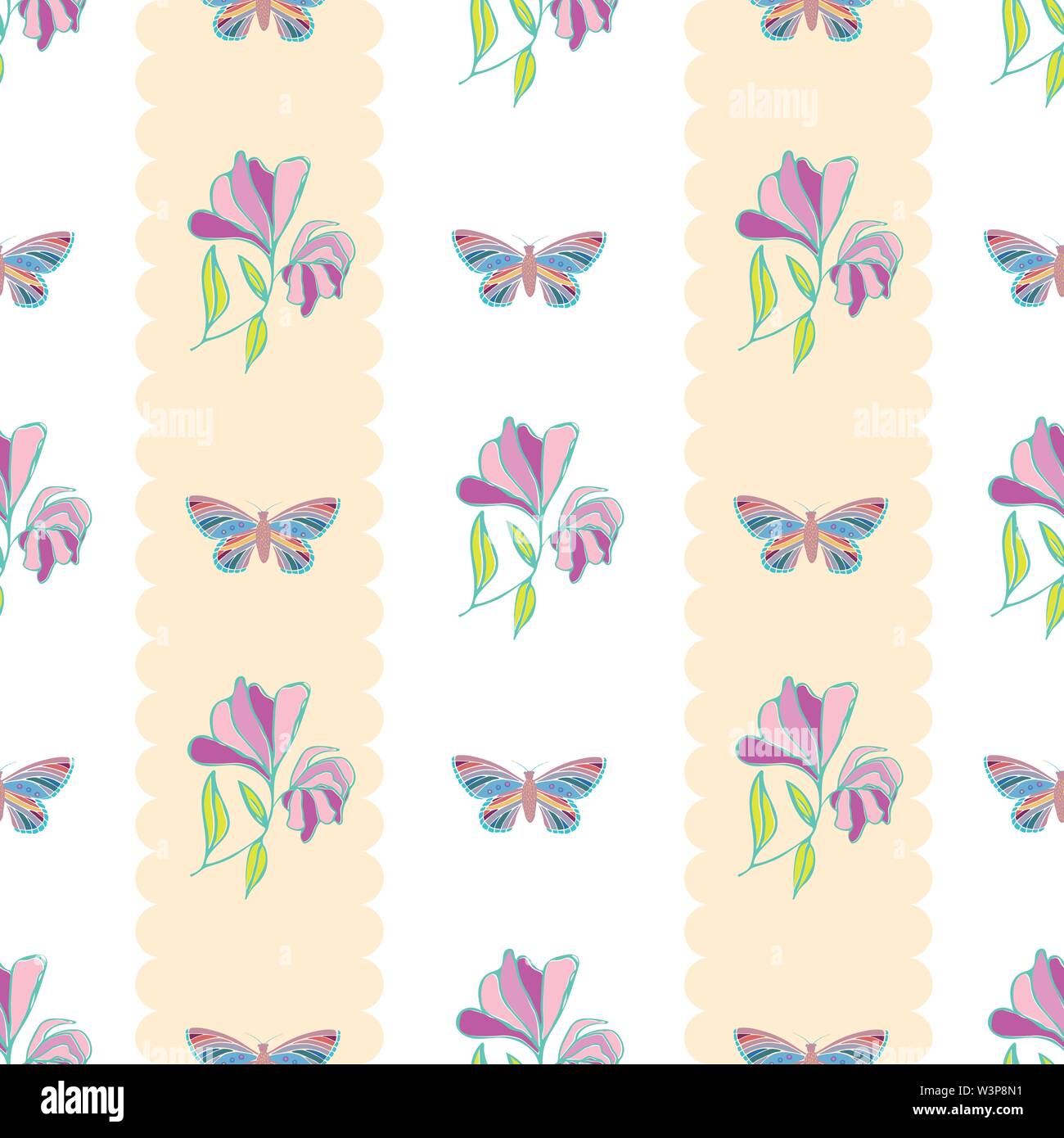Vintage style hand drawn butterflies and flowers design. Seamless ...