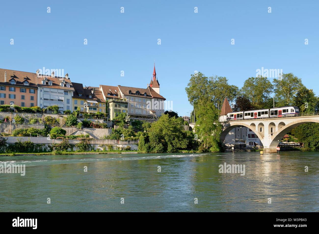 Reuss with Reuss bridge and railway, Old Town, Bremgarten, Canton Aargau, Switzerland Stock Photo