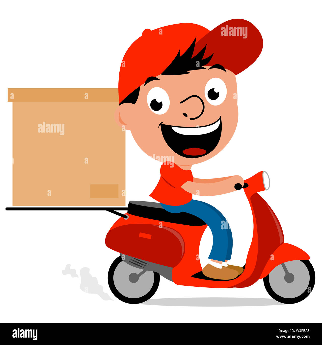 Illustration of a cartoon courier man riding a scooter and delivering a box Stock Photo - Alamy Illustration of a cartoon courier man riding a scooter and delivering a box Stock Photo - Alamy