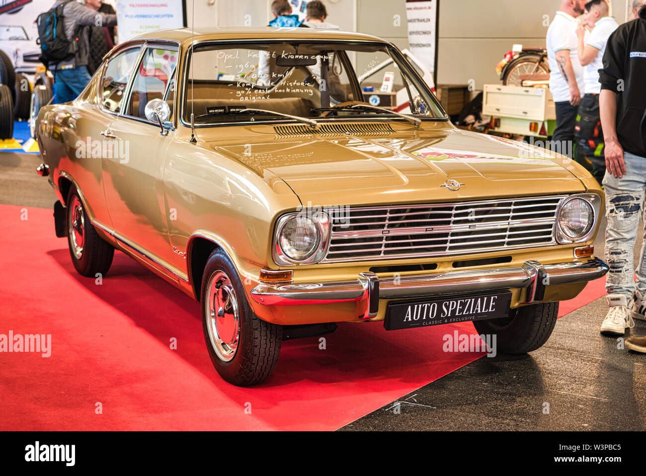 FRIEDRICHSHAFEN - MAY 2019: sand yellow OPEL KADETT KIEMEN 1969 coupe at Motorworld Classics Bodensee on May 11, 2019 in Friedrichshafen, Germany. Stock Photo