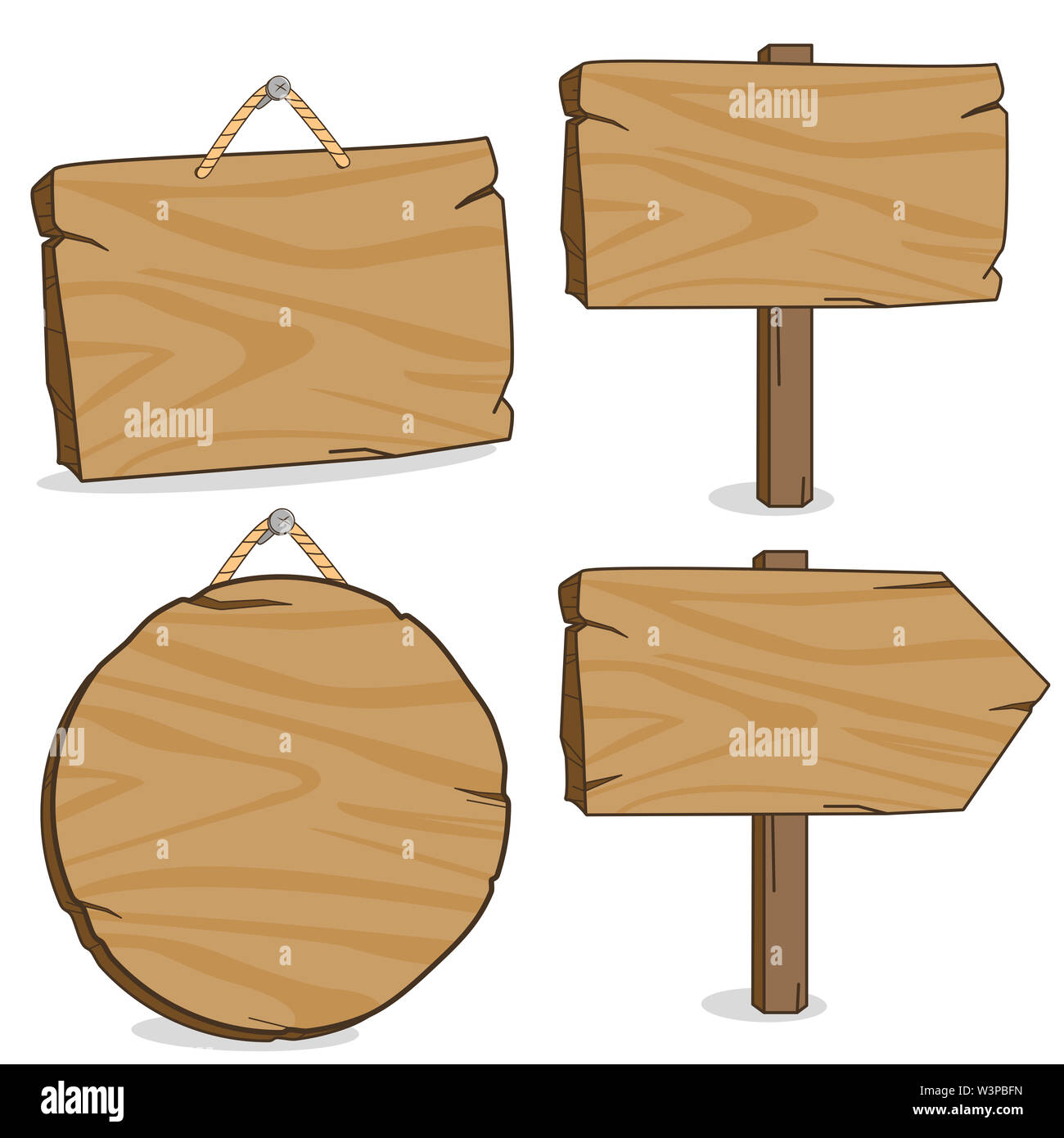 Illustration set of wooden hanging signs and signposts. Stock Photo