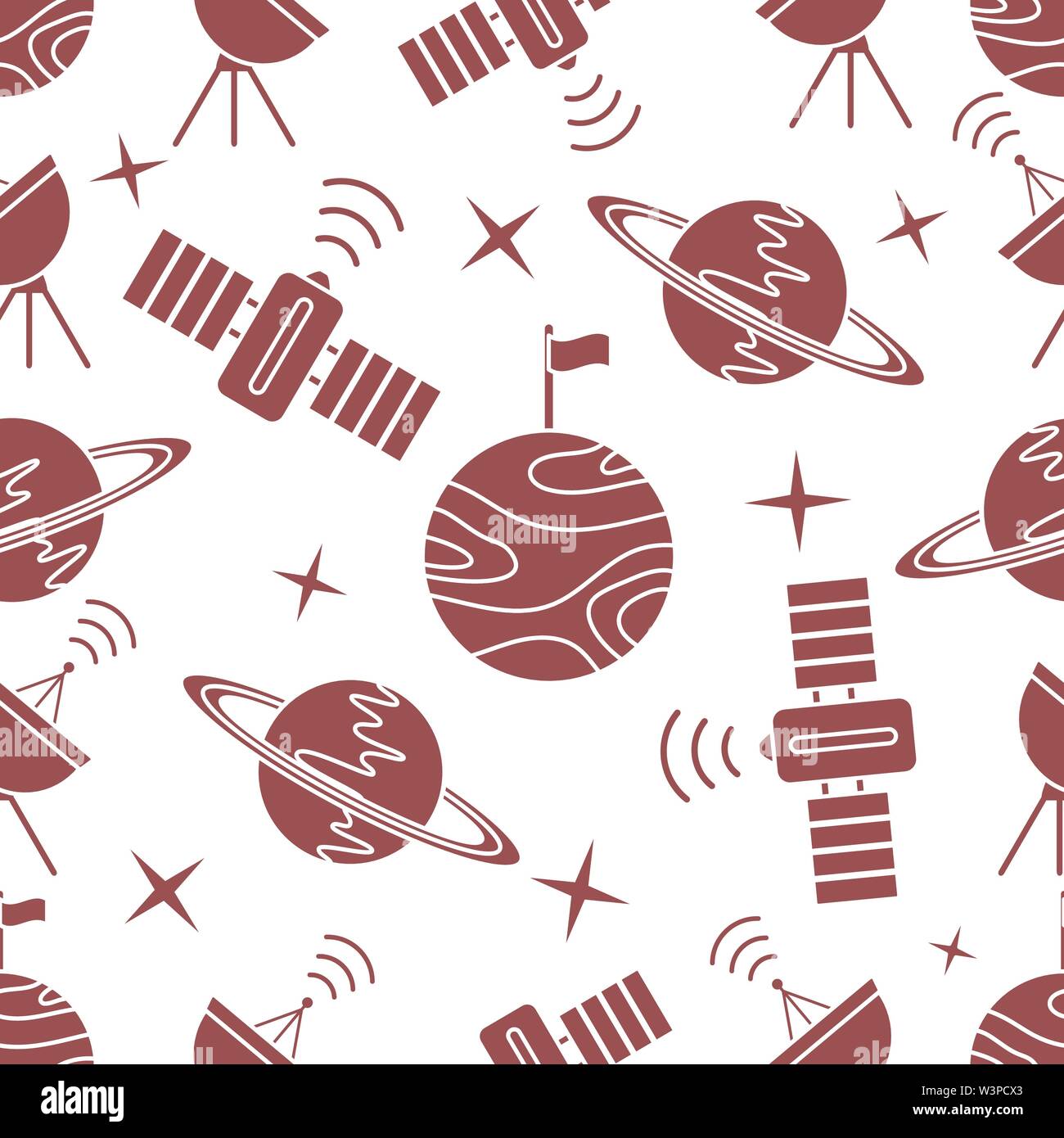 Seamless vector pattern with planets, Saturn, stars, orbital station ...