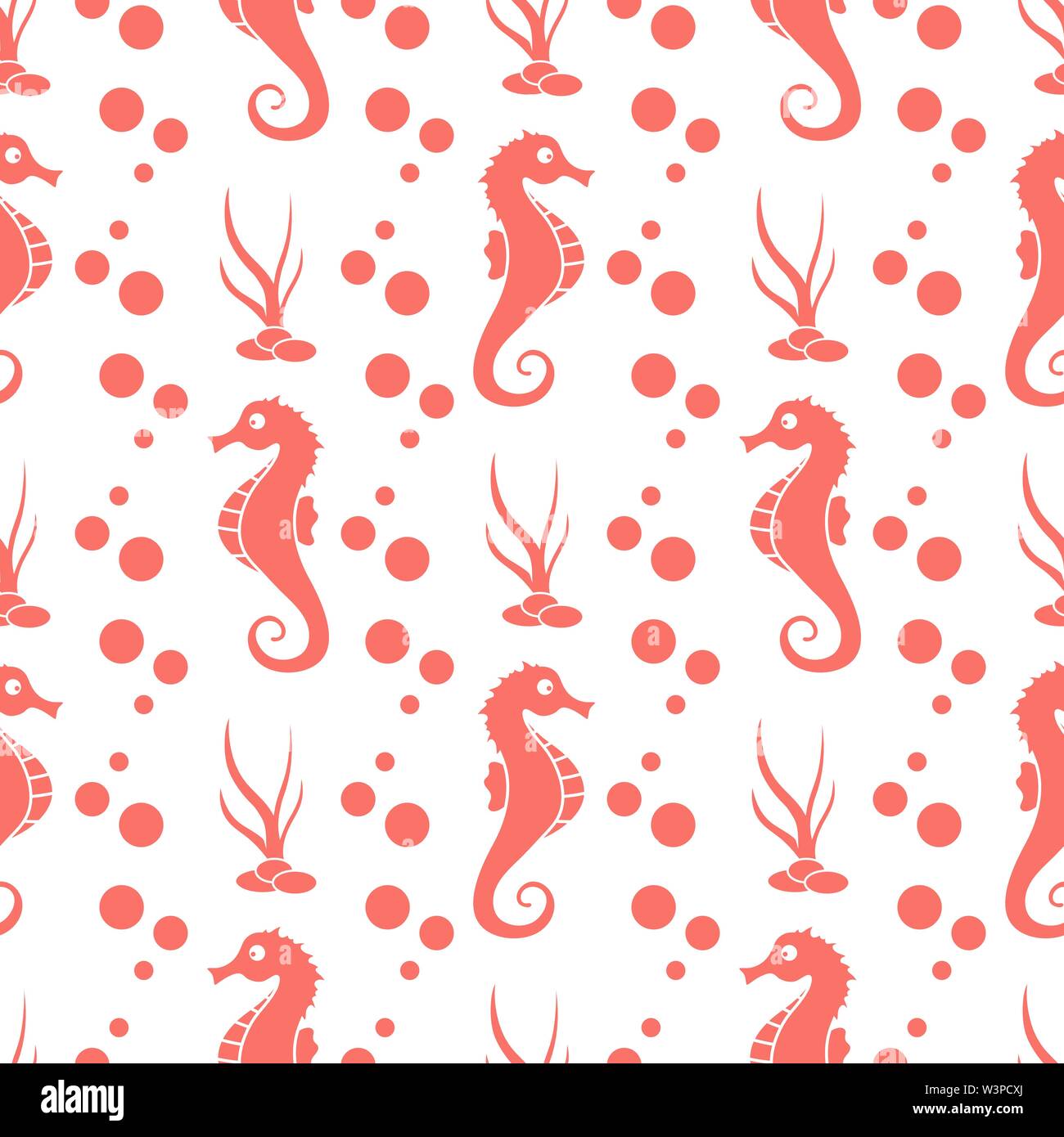 Vector seamless pattern with sea horses, underwater plants and bubbles ...