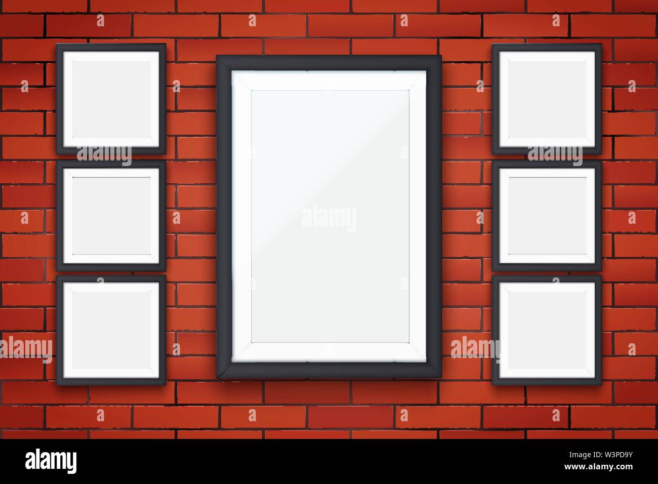 Red brick wall with picture frames Stock Vector